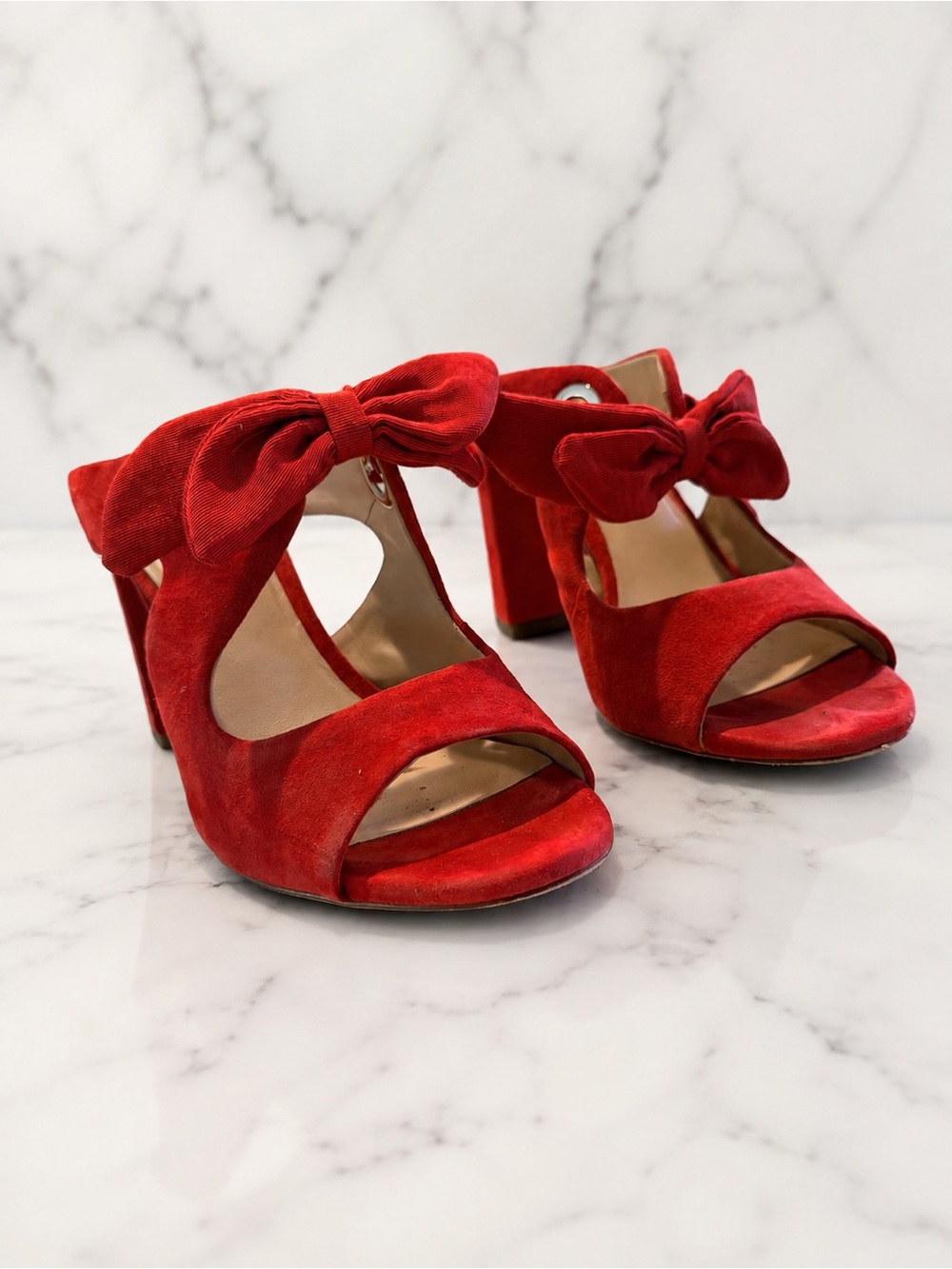 ANTONIO MELANI Red Suede Bow Block Heel Sandals